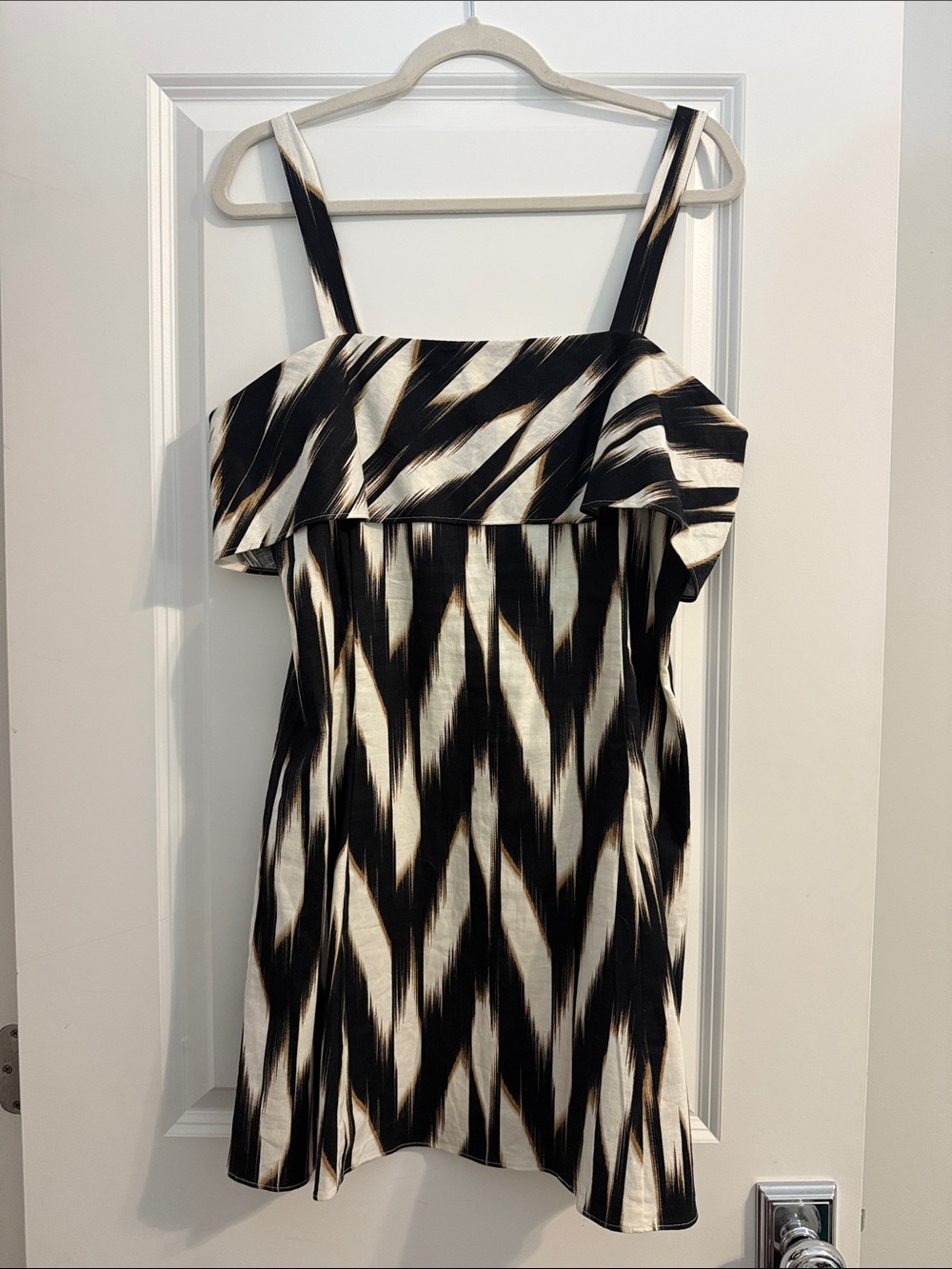 Banana Republic Black and Cream Striped Off-Shoulder Mini Dress